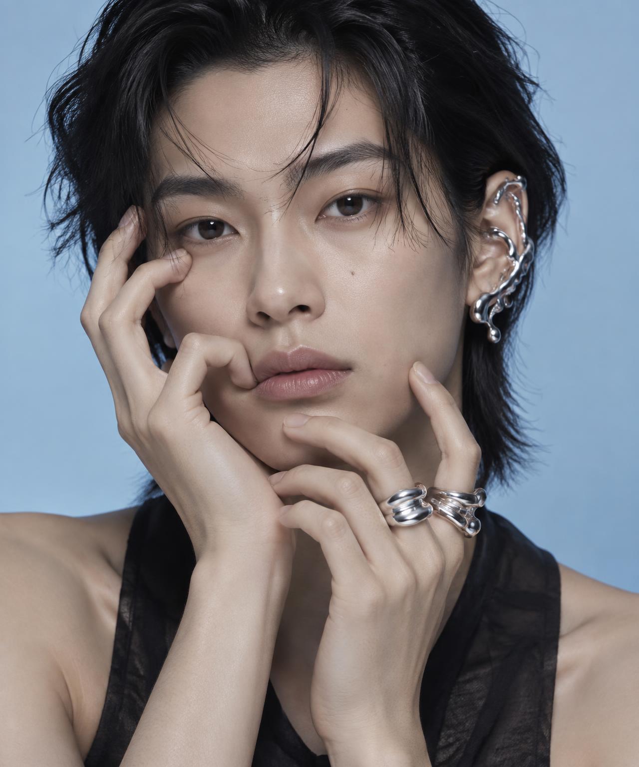 Model wearing sculptural silver ear jewelry and rings